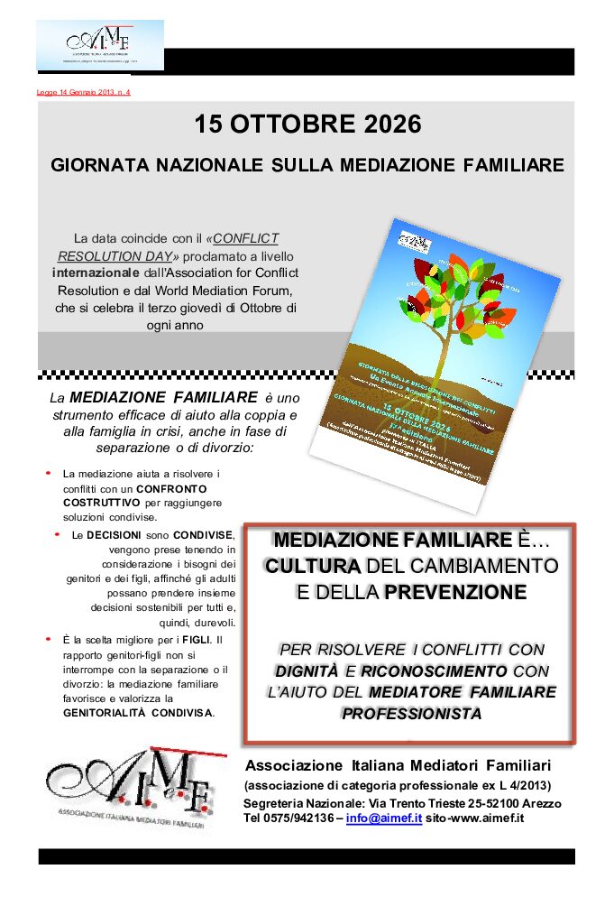 15/10/2026 Giornata Nazionale della Mediazione Familiare